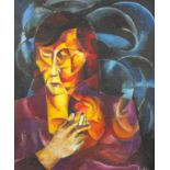 Surrealist woman smoking, oil on canvas board, bearing an indistinct signature, inscription and