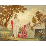 Georgian silk work panel embroidered with two figures beside an angel, mounted and framed, 49cm x