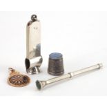 Miscellaneous objects including a 9ct gold and enamel dart jewel, silver cigar cutter and silver and