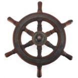 Early 20th century oak ships wheel with brass mounts, 46cm in diameter :For Further Condition