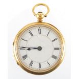Ladies 18ct gold open face pocket watch, the case hallmarked Sheffield 1845, 4.1cm in diameter,