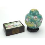 Chinese porcelain ginger jar and cover on stand together with a hardwood box, the hinged lid