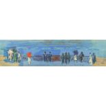 Circle of Raoul Dufy - Figures on a promenade, oil on card, mounted and framed, 70.5cm x 19cm :For