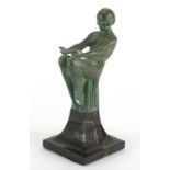 Max Le Verrier - Engime, Art Deco patinated Spelter and marble lamp, 17cm high :For Further