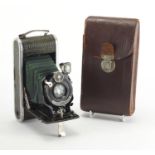 Vintage Foth Camera in green leather faux crocodile skin, with case, 16.5cm wide (when closed) :