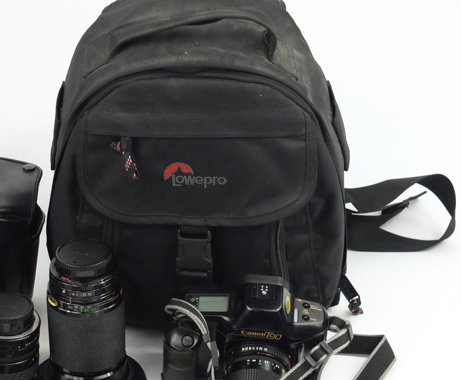 Two Canon camera outfits, Canon T90 and Canon EOS30 bodies with lenses including Tamron, both with - Image 3 of 5