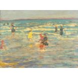 Children playing in the sea, oil on wood panel, bearing an indistinct signature possibly C