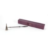 Silver candle snuffer with turned wooden handle, by Marlow Brothers 1979, 32cm in length :For
