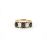 9ct gold opal and garnet five stone ring, size R, approximate weight 303g :For Further Condition