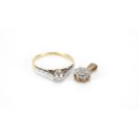 18ct gold diamond solitaire ring and a 9ct gold diamond pendant, the ring size M, approximate weight
