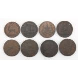 Eight 18th century Conder half penny tokens including Freedom with Innocence and Success to the