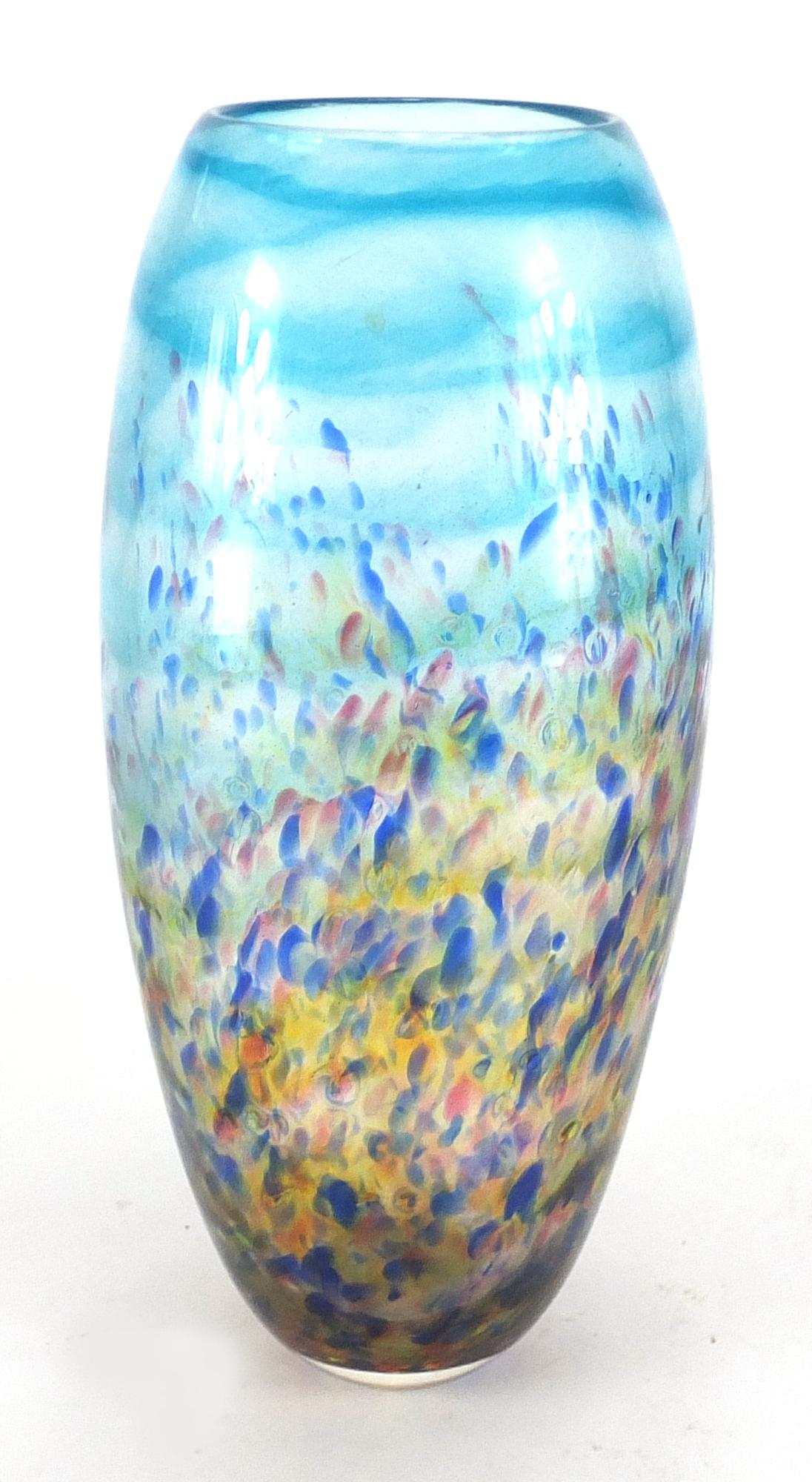 Blue splatted glass vase, signed to the base, 24cm high : For Further Condition Reports Please Visit - Image 2 of 3