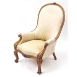 Victorian carved walnut ladies chair, with beige floral upholstery, 98cm high : For Further