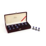 Set of twelve Korean silver and enamel place card holders, with certificate and velvet lined