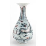 Chinese porcelain pear shaped dragon vase, hand painted in iron red, six figure character marks