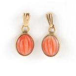 Pair of 9ct gold cabochon pink coral earrings, 2.2cm in length, approximate weight 2.6g :For Further