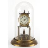 Brass Anniversary clock with glass dome, enamelled dial and Arabic numerals, the movement numbered