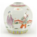Chinese octagonal porcelain jar, hand painted in the famille rose palette with figures, six figure