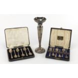 Silver items including a bud vase and two sets of six teaspoons, one by Mappin & Webb, various