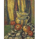 Still life fruit and jug, Dutch school oil on canvas, bearing an indistinct signature, Vin...? and