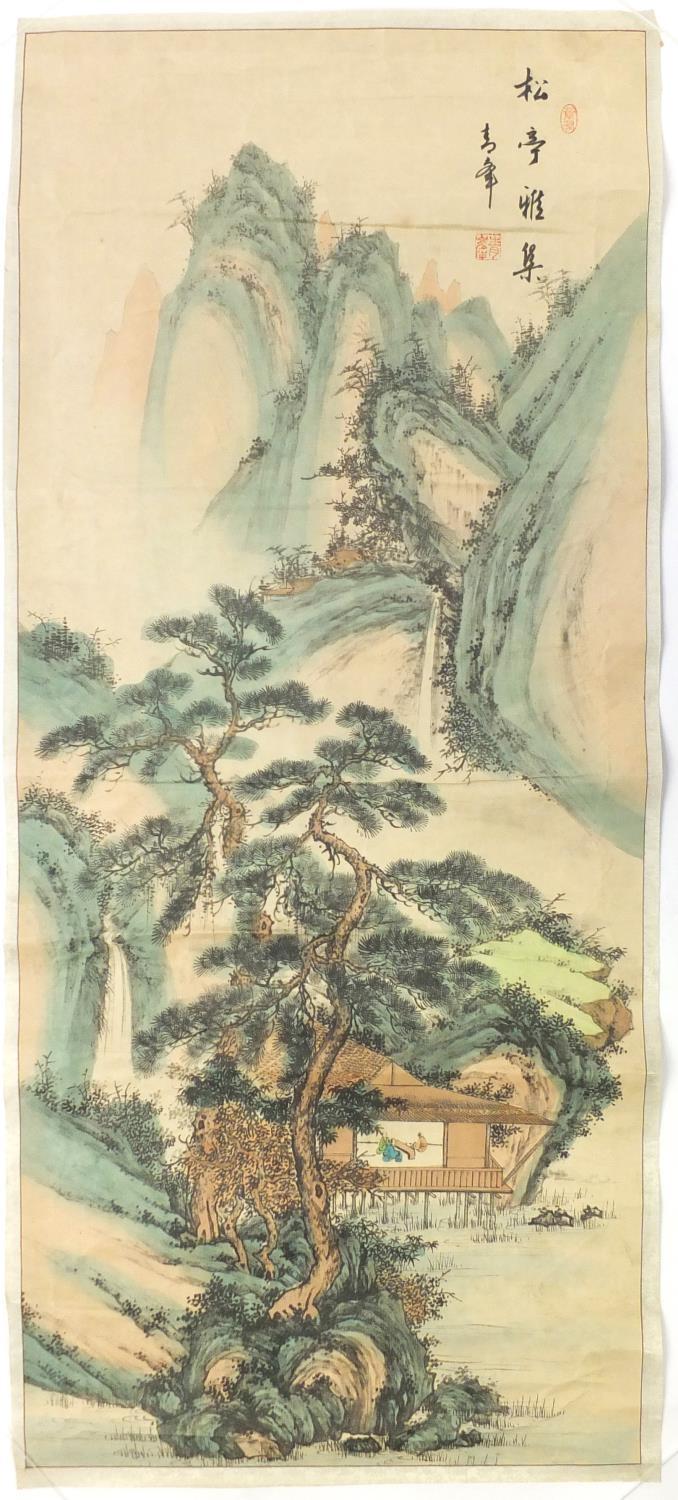 Chinese scroll hand painted with a gentlemen gathering in a pagoda amongst pines, with script and