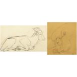 Silvia Baker Hay - Study of a lions head and an antelope, two drawings, each with labels verso,