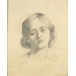 Head and shoulders portrait of a female, pencil on paper, bearing a monogram E J P, framed, 41cm x