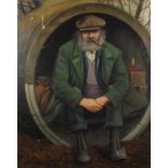 Edward MacKenzie ''Diogenes'' in his barrel at Chelston Tip, oil on canvas, inscribed verso,