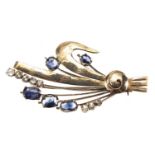 Unmarked gold blue and white sapphire floral spray brooch, 5.5cm in length, approximate weight 5.