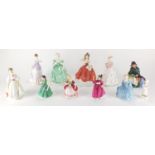 Eleven collectable figurines including Royal Doulton Silks and Ribbons HN2017 and Royal Worcester,