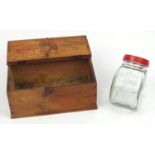 Teacher's whisky advertising pine crate and a Smith's Potato Crisps glass jar, the pine crate 19cm H