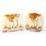Two Clarice Cliff pottery plates, each hand painted in the Rhodanthe pattern, factory marks to the