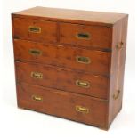 Yew campaign style five drawer chest with inset brass handles, in two sections with carrying handle,