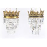 Pair of gilt brass three tier bag chandeliers, with cut glass drops, each 32cm in diameter : For