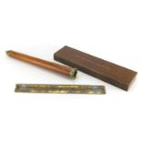 Victorian mahogany and brass single drawer telescope, together with a brass parallel rolling rule