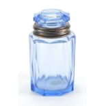 Continental aqua blue faceted glass jar and stopper, with silver collar, R Fernandez paper label