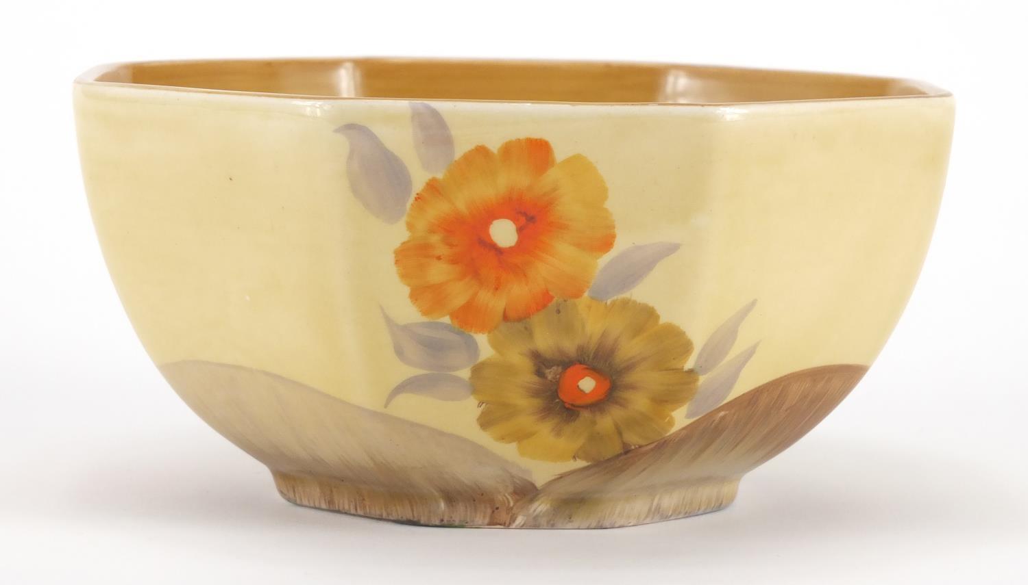 Clarice Cliff Bizarre octagonal pottery bowl, hand painted in the Rhodanthe pattern, factory marks - Image 2 of 4