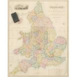 19th century hand coloured, linen backed map of England and Wales in four parts, with leather
