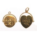 Two 9ct gold spinner charms, I Love You and Good Luck, the largest 2cm in length, approximate weight