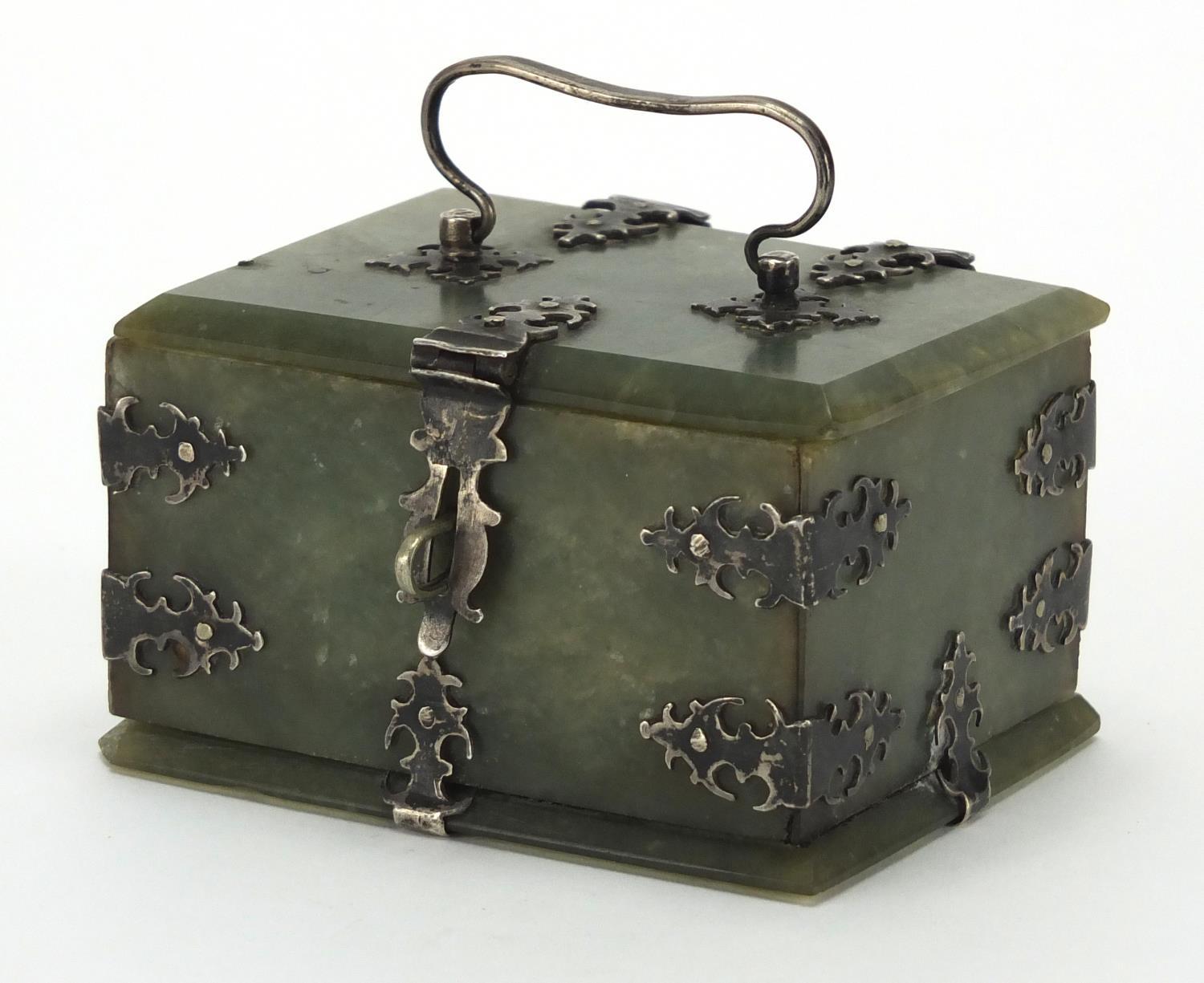 19th century Indian Mughal green jade casket, with silver mounts and swing handle, 5cm H x 9cm W x