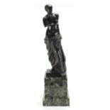 Antique patinated classical bronze study of Venus de Milo, raised on square green marble plinth,