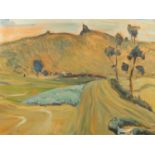 Eleanor Mather - Abstract composition, landscape, oil on board, inscribed label verso, mounted and