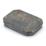 Antique Continental silver snuff box, the hinged lid with engraved decoration, indistinct