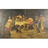 Figures around a table in an interior, with a violinist, dog and a monkey, oil on canvas, bearing an