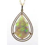 9ct gold opal tear drop pendant on a 9ct gold necklace, the pendant 4cm in length, approximate