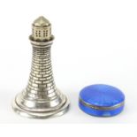 Circular silver and blue guilloche enamelled trinket and a novelty silver plated caster in the
