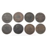 Eight late 18th century half penny Conder tokens comprising Lothian, Tooke and Middlesex Political