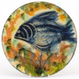 Art Nouveau Barum pottery footed dish, hand painted with a stylised fish, incised marks to the