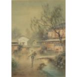 Female walking with a parasol in rain, watercolour bearing an indistinct signature possibly