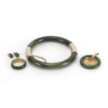 Chinese spinach green jade jewellery suite comprising a bangle, pendant, pair of earrings and